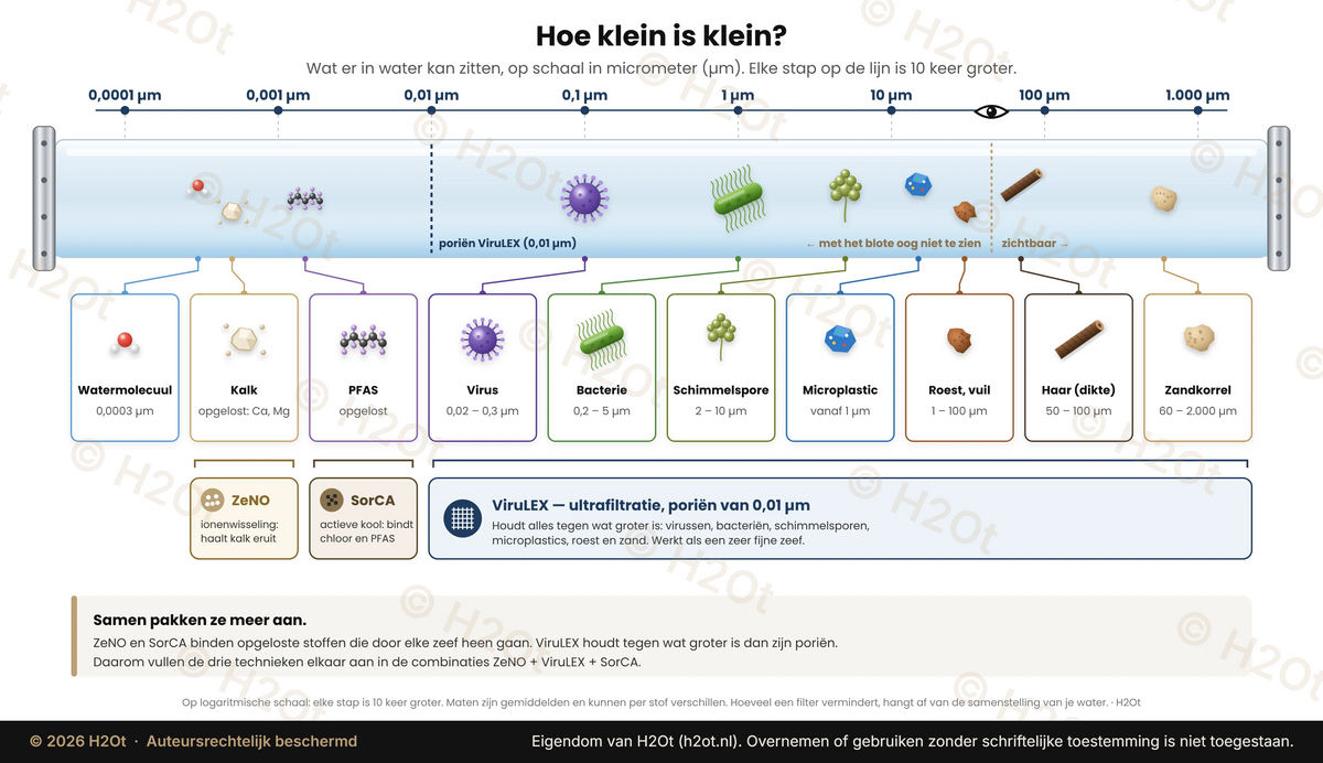 Infografik: was ZeNO Wasserenthärter, ViruLEX und SorCA angehen – Entkalkung, PFAS-Filter, Bakterien- und Virenfilter maßstabsgetreu