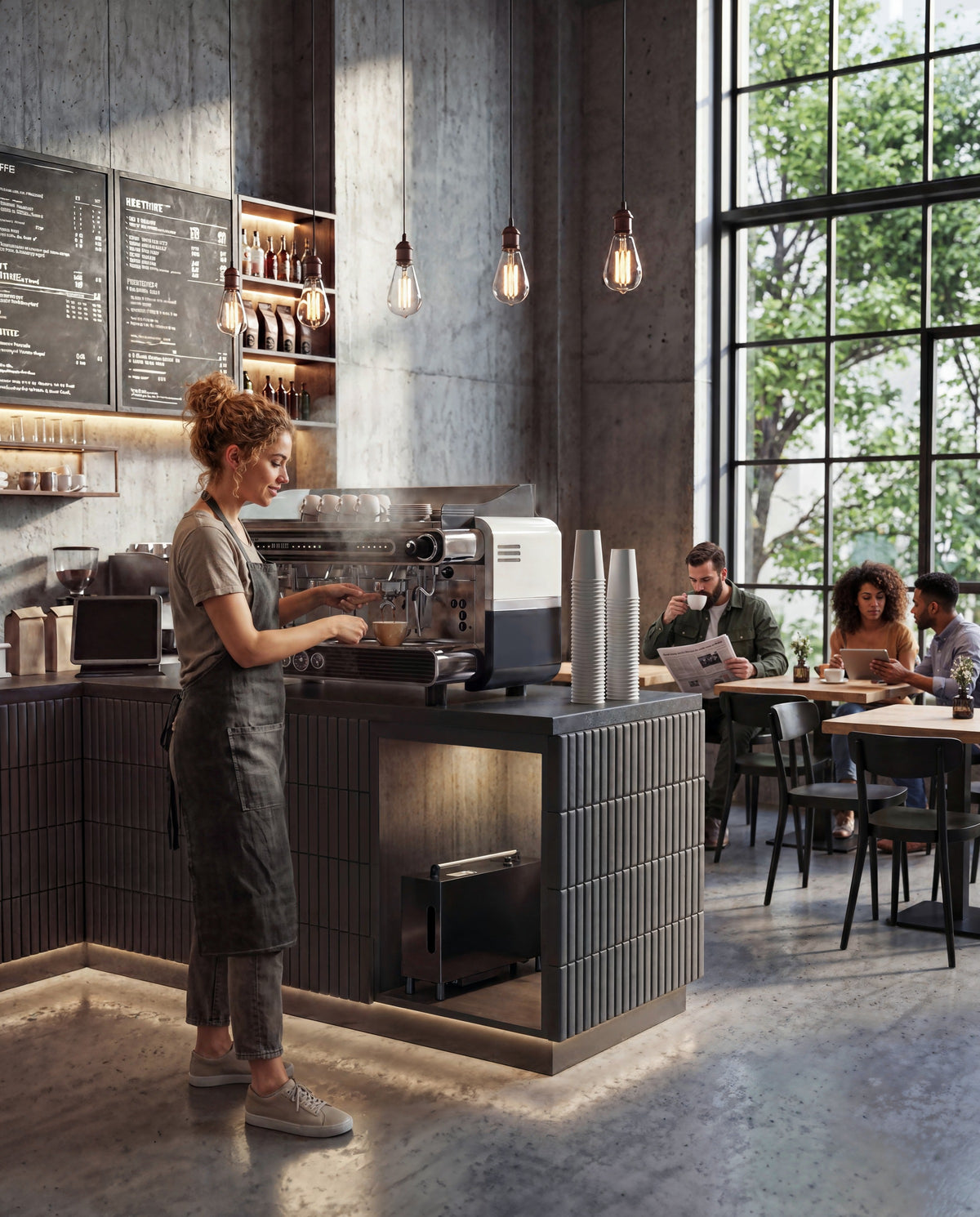 Cafetería con el MembraSAL para café junto a la máquina de espresso